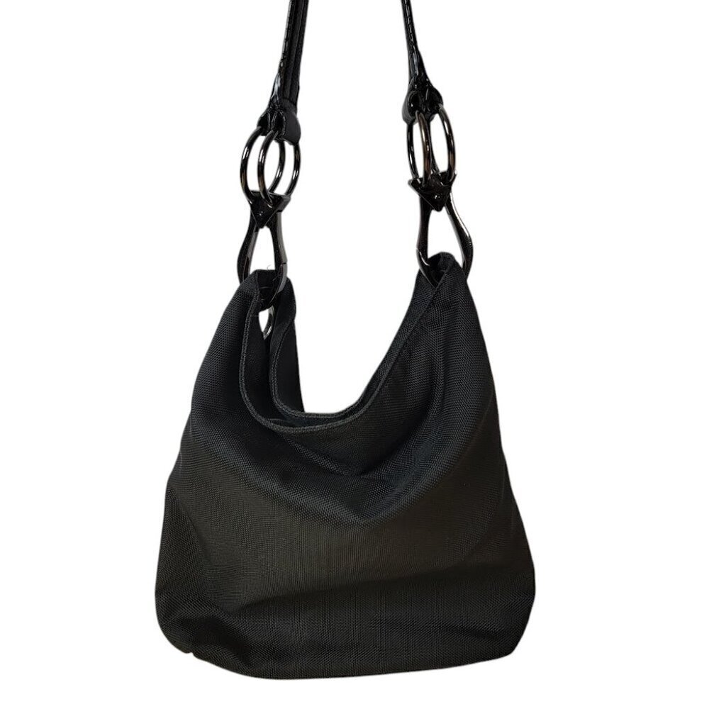 JPK PARIS 75 Women's Black Leather Chunky Hardware Nylon Hobo Shoulder Bag